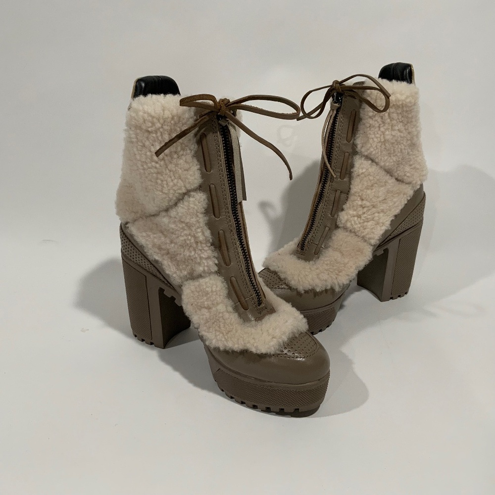 Atelje 71 Asta Taupe Leather Shearling Lug Ankle Boots